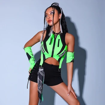 2023 Jaunu Fluorescējoši Zaļš Tops Melni Šorti Kpop Tērpiem Meitenēm Grupas, Džeza Deju Tērpi Pole Dance Rave Drēbes