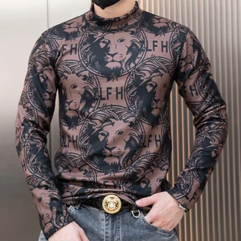 2023 Rudenī Lion Head Druka T Kreklu apdruka Vīriešu garām Piedurknēm Uzņēmējdarbības T-Krekls Streetwear Sociālo Naktsklubs O-veida kakla Topi Tee Kreklu Homme