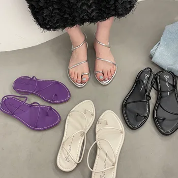 2023 Vasaras Purple Black Paslīdēt Uz Sieviešu Sandales Modes Šaurā Joslā Gladiatoru Apavi, Plakana Papēža, Āra Pludmales Sandales Vaction Slaidi