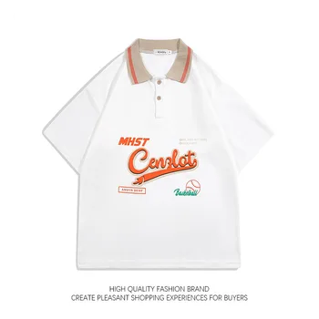 2023SS Vintage Vēstuli, Atloks, Īsām piedurknēm T-krekls Vīriešu Hip Hop Preppy Beisbola Vienota augstākās Sievietes Harajuku Jaunatnes Streetwear Tees