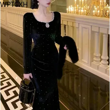 2024 Vintage Samta Hepburn Stils Sieviešu Vakara Kleita ar Kvadrātveida Kakla Rhinestone garām Piedurknēm, Elegants zivs astei līdzīgs Kleitas Sievietēm
