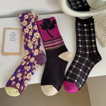3 Pārī Grīdas Zeķes Sieviešu Modes Drukāt Trīsdimensiju Ziedu Garās Zeķes, Rudens, Ziemas Gadījuma Streetwear Socken Damen