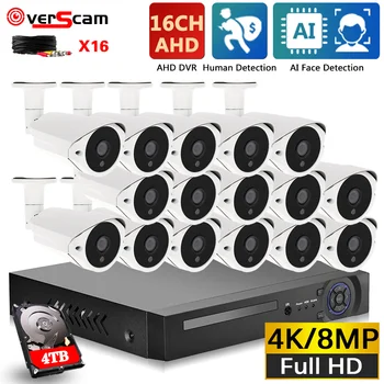 4K 16CH DVR Komplekts Āra Sejas Noteikšanas AHD CCTV Drošības Kameras Sistēmas Komplekts 8MP 16 Kanālu BNC Kamera, Videonovērošanas Sistēmas