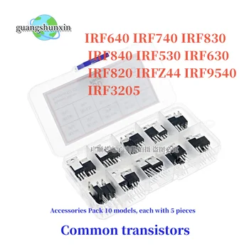 50gab 10 Veidu Mosfet Tranzistori Sortimentu Komplekts IRF640 IRF740 IRF830 IRF840 IRF530 IRF630 IRF820 IRFZ44 IRF9540 IRF3205 Sērija