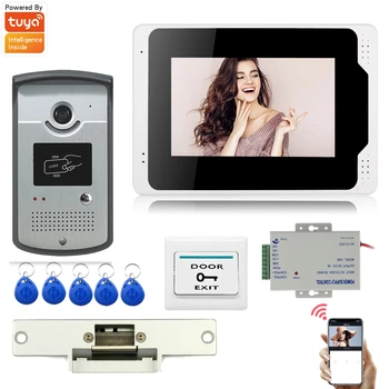 7 Collu Tuya Wifi Smart Video Durvju Tālrunis Intercom Sistēma Ar 1Monitor un Durvju Kameras un 1 Bloķētu Uzstādītu Tālruni Atbloķēt APP