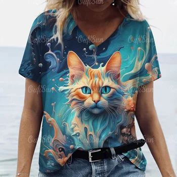 Ar īsām Piedurknēm, Sieviešu T Krekls Dzīvnieku Print 3d Vasarā Jaunu Cute Sieviešu Džemperis Modes Tees Cat V Kakla Sieviešu Blūze Apģērbi