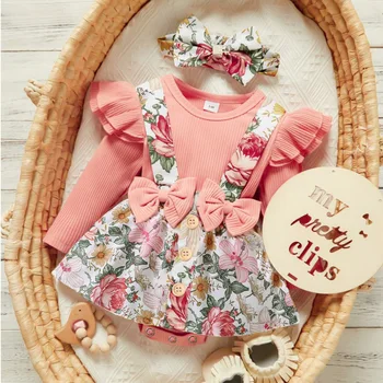 Baby Girl Apģērbu Komplekts Pavasara 0-24 Mēnešiem Jaundzimušais Ilgtermiņa piedurknēm Romper Bodysuit Strappy Svārki Priekšgala Galvu 3pce Zīdaiņu Kostīms, Uzvalks