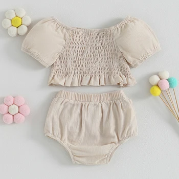 Baby Girl Bikses Komplekts Jaundzimušo Gudrs Īsām Piedurknēm Kroku Top Ar Elastīgu Vidukļa Bikses, Vasaras Zīdaiņu Drēbes