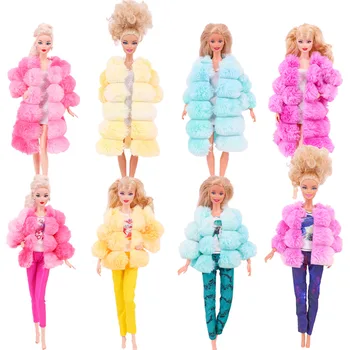 Barbies Lelle Drēbes 2PcsPlush Mētelis, Jaka+ Kleita Svārki/ Bikses Apģērbs Par Barbie Leļļu Apģērbu, Leļļu Aksesuāri, meiteņu Rotaļlietas