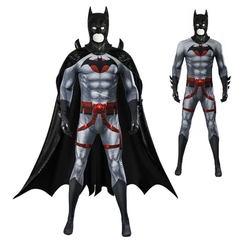 Bat Cosplay Kostīmu Brūss Veins Zentai Bodysuit ar Ķiveri Apmetnis Supervaronis Kaujas Jumpsuit Halloween Karnevāla Tērpi Puse