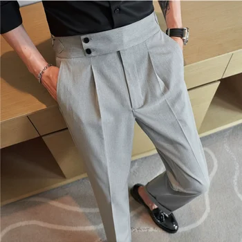 Britu Stila Rudenī Jaunu Augsto Vidukli Gadījuma Bikses Vīriešu Neapoliešu Slim Fit Uzvalku Bikses Oficiālu Sociālo Kāzu Kleitu Bikses