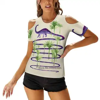 Dinozauru Skaistumu, Sieviešu Apģērbs V-veida Kakla Topi Rāvējslēdzēju Tee Dāmas Gadījuma Sexy T-Krekls Dinozauru Trex Monster Akvarelis Džungļos, Palmu