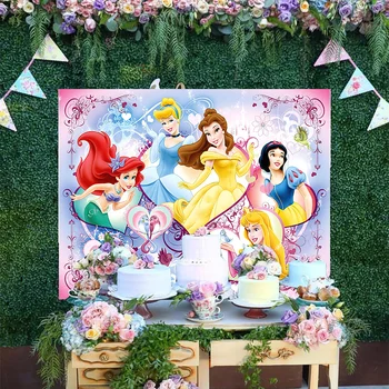 Disney Cartoon Fons Cute Princese Skaistums Un Zvērs Belle Pelnrušķīte Maz Sirēna Ariel Dzimšanas Dienas Svinības Fona