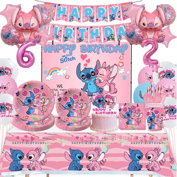 Disney Stitch Eņģelis Rozā Tēmu Dzimšanas Dienas Apdare Baby Dušas Meitene Puse Piegādēm Ballons Fons Banner Autiņu Plāksnes Tases