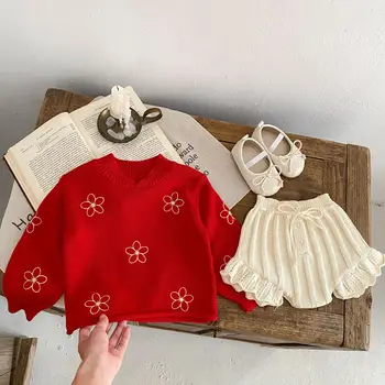 Divu gabalu Komplekti Bērniem Kokvilnas Rudens Ziemas Baby Meitenes ar garām Piedurknēm Ziedu Izšūti Trikotāžas Jaka Top+Romper Trikotāžas Apģērbs