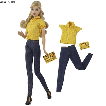 Dzeltena Modes Tērpiem Barbie Lelle Drēbes, Uzstādīt, Krekls, Blūze Denim Džinsu Bikses Bikses Maku 1/6 Namiņš Aksesuāri, Rotaļlietas