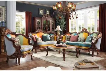 Dzīvojamās istabas mēbeles itāļu retro modes siltu krāsu, dzeltenā un zilā krāsā līmēšana tekstūra, sarkankoks, cieta koka, ādas auduma dīvāns