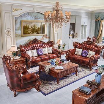 Eiropas ādas dīvāna kopā villa, viesistaba cirsts ādas dīvāns kronis
