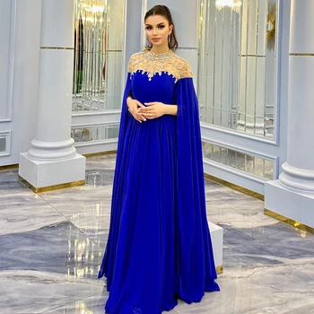 Elegants Blue Sirēna, Dubaija Augsta Kakla Vakara Kleita Sievietēm, Kāzu svinības, Cape Piedurknēm Musulmaņu Krelles Ilgi Formālās Kleitas