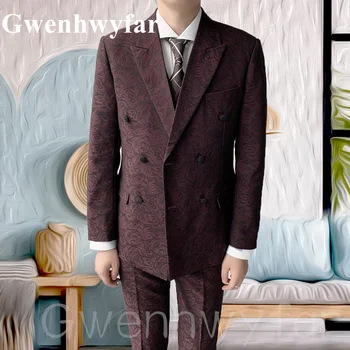 Gwenhwyfar 2022 Jauns Stils, Skaists Vīna Sarkans Uzvalks Žakarda Satīns Pasūtījuma Vīriešu Līgavainis Kāzu Uzvalks Jaka Puse 2-gabals Uzvalku