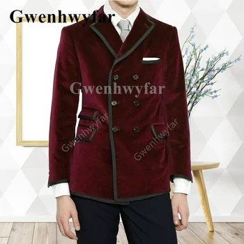 Gwenhwyfar Moderns Stils, Vīna Sarkana Līgavainis Kāzu divrindu Samta Biznesa Gadījuma Smokings Boyfriend Stila Tērps 2-gabals Uzvalks
