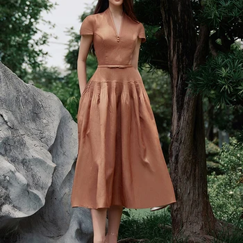 Haki Vintage Sievietes Kleitu Elegants 2023 Pavasara V-veida kakla Kroku Vestido Dāmas Vasaras Puff Piedurknēm Puse Luksusa Apģērbs