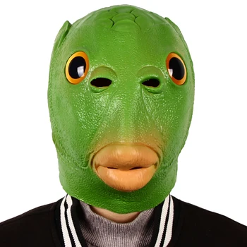 Halloween Zaļā Raibais Dzīvnieku Cosplay Kostīms Puse Unisex Fishhead Lateksa Pilnu Galvas Maska Fishman Saģērbt