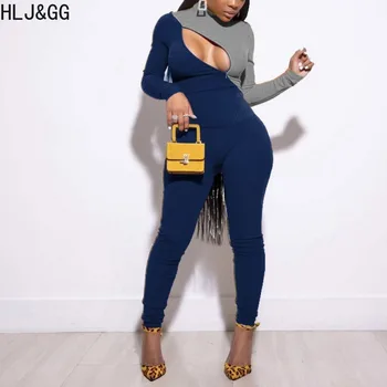 HLJ&GG Sexy Dobi Krāsu Salikuma Apģērbu Sievietēm O Apkakli, garām Piedurknēm Augšu Un Skinny Bikses Divas Gabals Nosaka Gadījuma Sieviešu 2gab Kostīmi