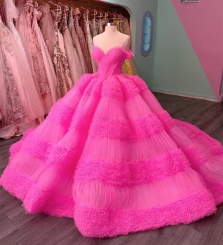 Hot Pink Princess Quinceanera Kleitas Bumbu Kleita Pie Pleca Tilla Ruffles Sweet 16 Kleitas 15 Años Meksikas