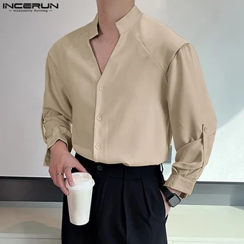 INCERUN Topi 2023 korejiešu Stilā, Skaists Vīriešu Modes Fit Krekli Ikdienas Ielā Vīrietis Stāv Apkakle Cietā garām Piedurknēm Blūze S-5XL