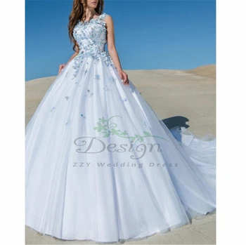 Izsmalcinātu vestido de festa Zilā Tilla Ziediem Appliiques Bumbu Kleita Kāzu Kleitas Līgavas kleita