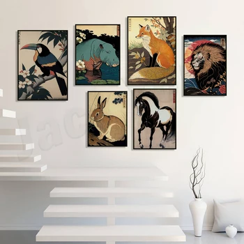 Japāņu mākslas stilu fox, shiba inu, ērglis, nīlzirgu, truši, vāveres, lauva, varde sienas plakātu, Japāņu ukiyoe retro plakāts