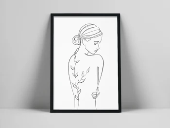 Kaila sieviete, viena līniju zīmēšanas, Sievietes ķermeņa līnijas mākslas, Lapas drukāšana, Izdrukājamu sienas māksla, Sieviete seju drukāt, Augu kārpu, houette,anlis