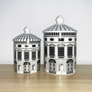 Klasiskā Melnā un Baltā Arhitektūras Modelis Keramikas Glabāšanas Burka ar Vāku, Porcelāna Dekorēšana Jar Sveces, Pudeles Mājas Dekoru