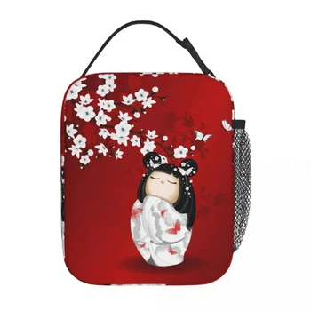 Kokeshi Lelli Sarkans Melns Balti Ķiršu Ziedi Izolētas Pusdienas Maisā Japāņu Meitene Mākslas Pārtikas Box Cooler Siltuma Pusdienas Kaste Skola