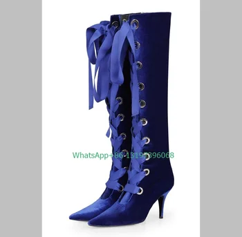 Lady elegantu zilu traipu mežģīnes-up zābaki norādīja toe zema papēža zābaki sexy vintage krāsu zābaki punk jaunu ierodas lielums 35-46 apavi