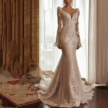 Luksusa ilgi, dziļi V-veida kakla Kāzu kleitu Pilnu piedurknēm ar mežģīņu aplikācijas seksīga nāriņa ar asti līgavas kāzu kleita Vestidos de novia