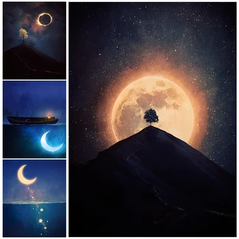 Magic Dream Naktī Mākslas Izdrukas Mēness Iekrita Jūrā Sienas Mākslas Audekls Gleznošanai Mēness Aptumsums Vintage Plakātu Izdrukas Mājas Dekoru
