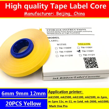 Marķējuma lentes Core 6/9/12mmx30m Balta, Dzeltena Caurulīte Printeri k1500, mk2500, m-1pro 11c, m-11 m-1std, mk-2600 Rakstāmmašīnu Uzlīmes