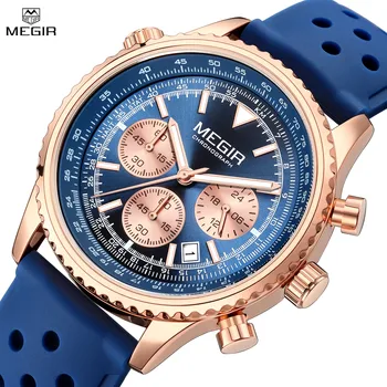 MEGIR Modes Kvarca Sporta Chronograph Watch Vīriešiem Gaismas Kalendāra Lielu Skalu rokas Pulkstenis Silikona Siksniņa Relogio Masculino