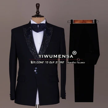 Melna Kāzu Vīriešu Uzvalki Ar Pērlītēm Atloks, Žakete Komplekti Pielāgotu Līgavainis Valkā Banketa Tuxedos Vīriešu Modes Biznesa Balles Kleitas