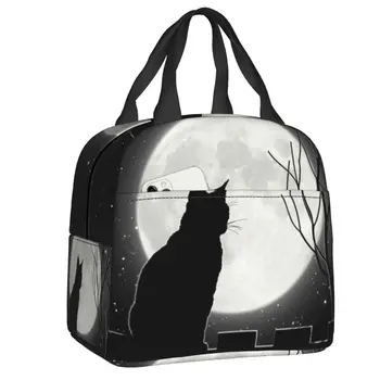 Melnais Kaķis Meklē pilnmēness Izolētas Pusdienas Tote Soma Sieviešu Dzīvnieku Karikatūra Portatīvo Siltuma Vēsāks Bento Kaste
