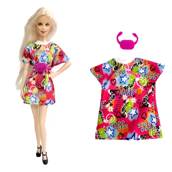 NK 1 Gab Lelle modes zvaigzne rakstaina kleita+cute rozā soma Barbie Leļļu Piederumiem Mazulis, Rotaļu