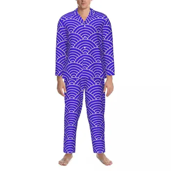 Pidžamas Vīriešu Japāņu Seigaiha Vilnis Ikdienas Naktsveļu Zilā Divas Gabals Vintage Pidžamas Komplekts Ilgtermiņa Piedurknēm Jauki Lielizmēra Mājas Tērps