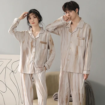 Pāris Pidžamas Komplekts Pavasarī un Rudenī 100% Kokvilnas Sleepwear Sieviešu un Vīriešu Pijamas Savukārt Apkakle Mājas Drēbes