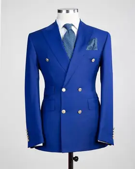 Royal Blue Dubultā Krūtīm Cilvēks Strādā Biznesa Uzvalki Līgavainis Tuxedos Balli Žakete Vīriešu Puses Mēteli, Bikses, Komplekti (Veste+Bikses+Kaklasaiti)