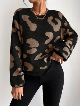 Rudens-ziemas franču leopards drukāt plecu elsojošs adīt apkalpes kakla džemperis