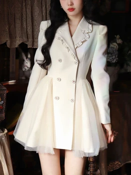 Salds Elegants Puse Mini Kleita Sievietēm 2023 Garām Piedurknēm Korejiešu Stilā Kawaii Pasaku Kleita Loku Gadījuma Francija Vintage Viengabala Kleita