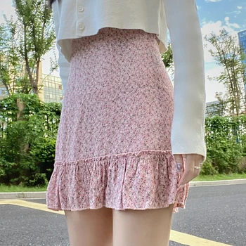 Salds Rozā Ziedu Mini-Svārki Femme Vasaras Elegants Modes Streetwear Savirmot Brīvdienu Svārki Sievietēm ar Augstu Vidukļa Faldas Y2K Vintage