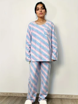 Schinotch Rudens Sieviešu Rainbow Star Iespiesti Pidžamas Komplekti Apkalpes Kaklu Garām Piedurknēm Mājīgs, Silts Polar Fleece Loungewear Komplekti